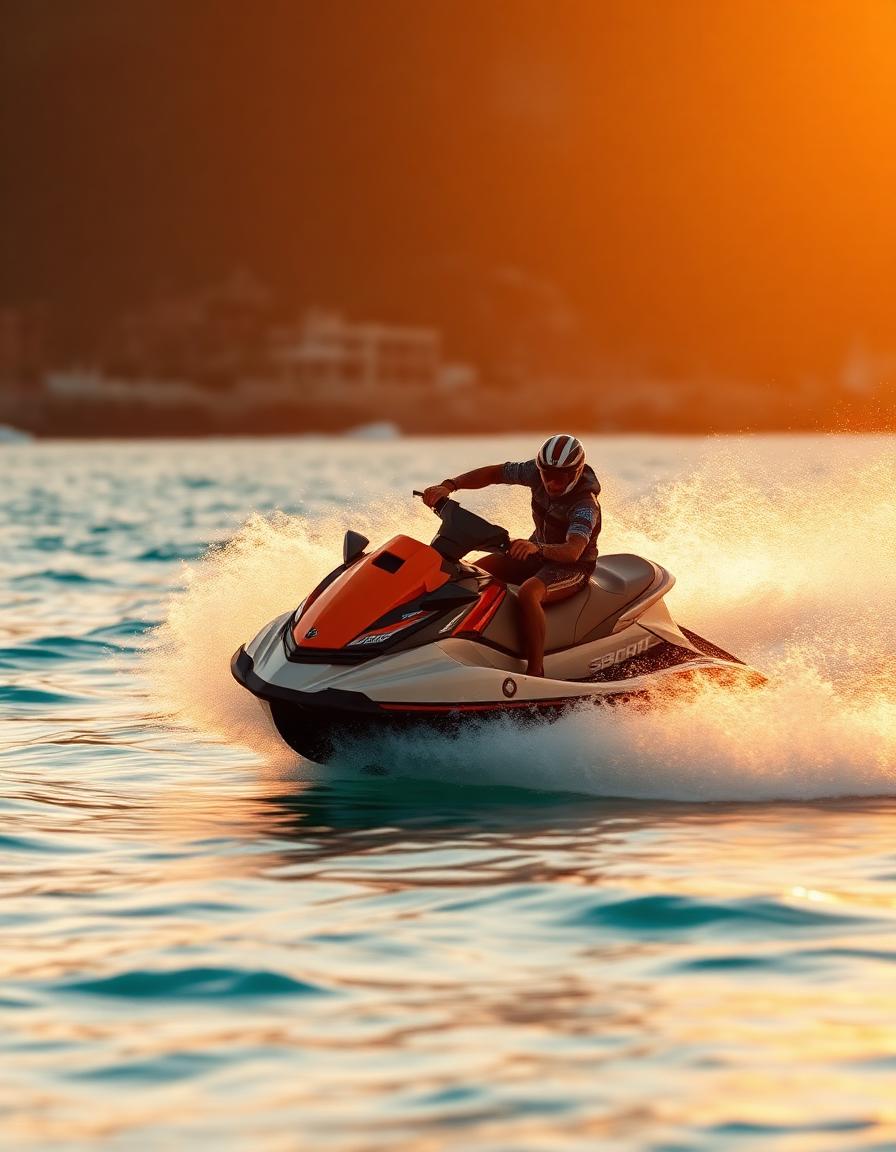 Jetski spraying water in golden sunset light