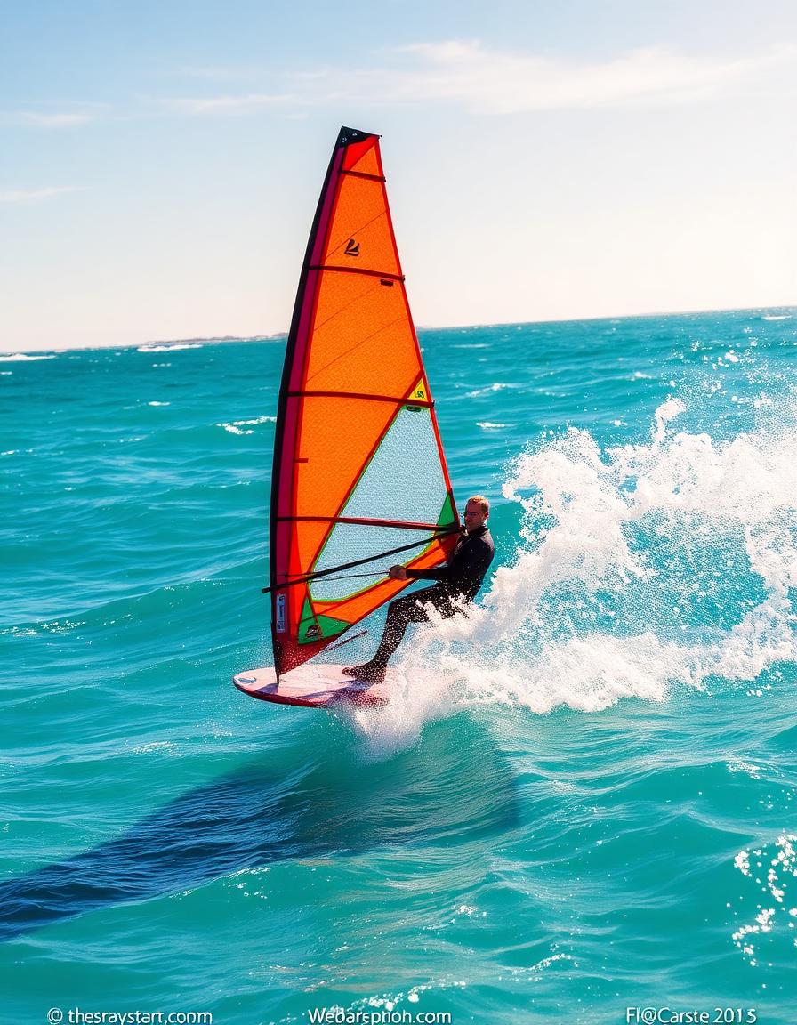 Windsurfer carving across turquoise water