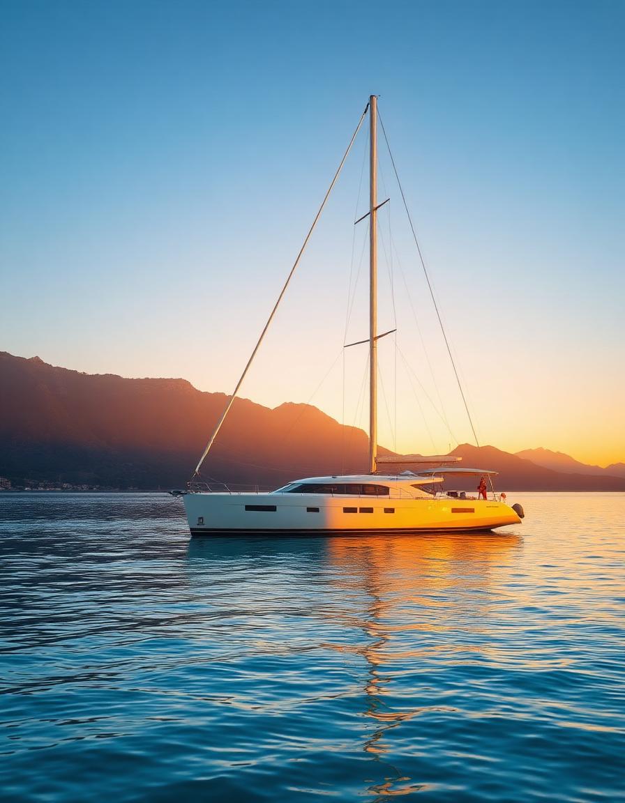 Catamaran at golden hour on calm water